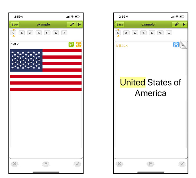 два скриншота приложения; один с американским флагом, а другой показывает другую сторону карты с написанным на ней названием страны.