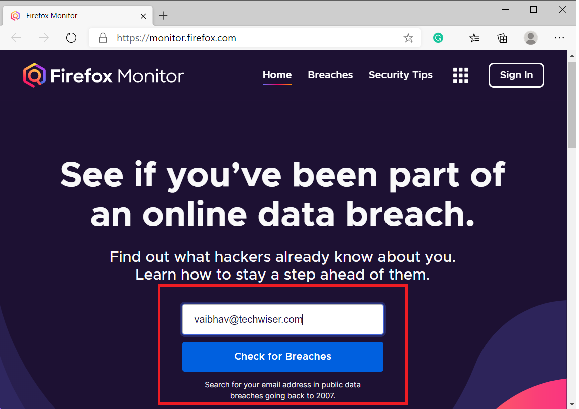 введите идентификатор электронной почты в Firefox Monitor и проверьте наличие нарушений