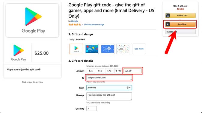 купите подарочную карту Google с помощью подарочной карты Amazon