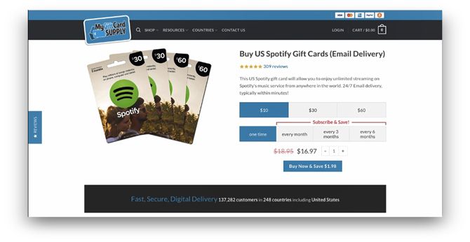 как оплатить премию Spotify за пределами США — Страница покупки подарочных карт Spotify