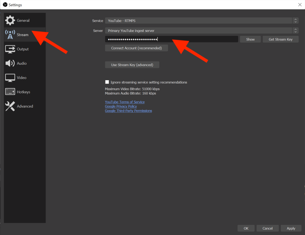 Ключ трансляции YouTube в студии OBS
