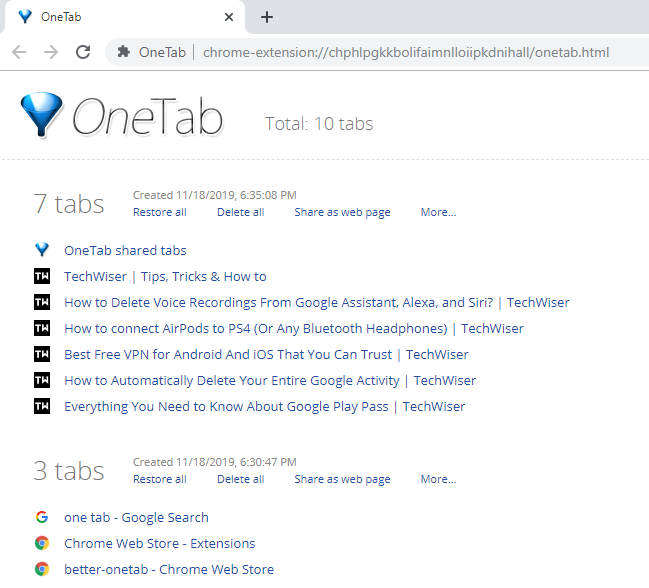 Расширение OneTab для Google Chrome