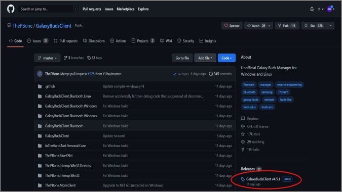 Страница Galaxy Buds Manager на Github Выбор загрузки