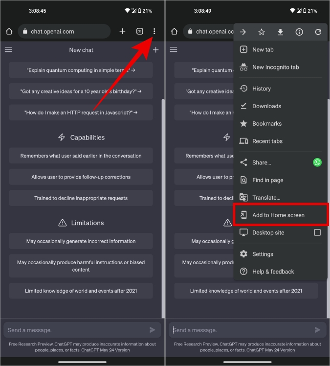 Добавление веб-сайта ChatGPT на домашнюю страницу на Android