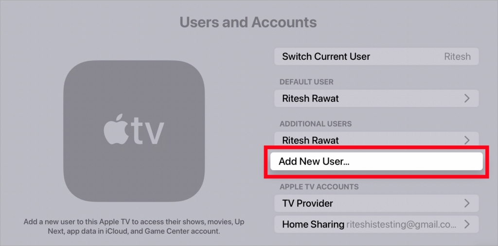 Добавить нового пользователя на Apple TV