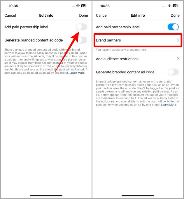 Добавьте ярлык платного партнерства и брендов-партнеров в публикацию в Instagram на iOS