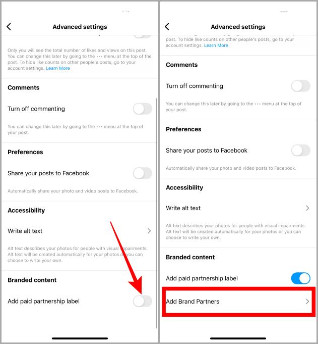 Добавьте ярлык «Платное партнерство» и «Бренд-партнеры» в новую публикацию в Instagram на iOS.