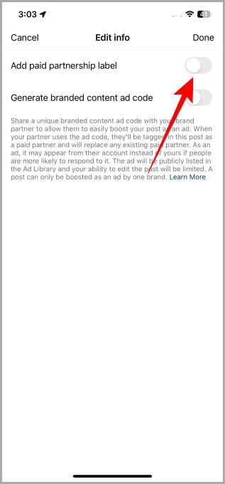 Добавьте ярлык «Платное партнерство» к старому ролику в Instagram на iOS