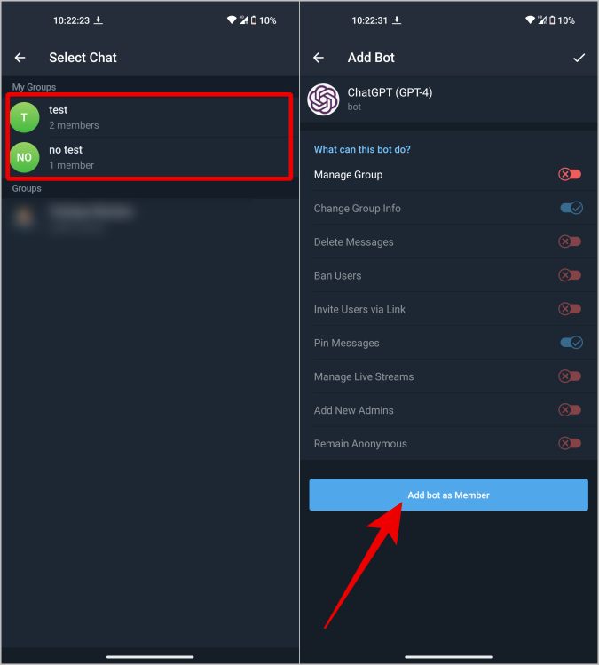добавление бота Chatgpt в группу или канал Telegram