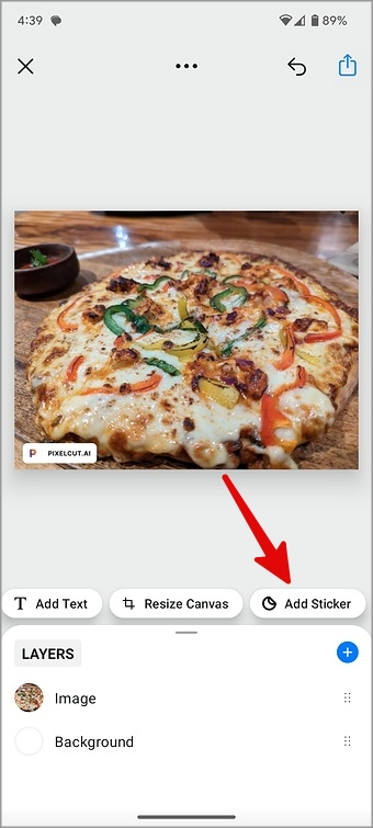 добавить стикер к фотографии в приложении Pixelcut