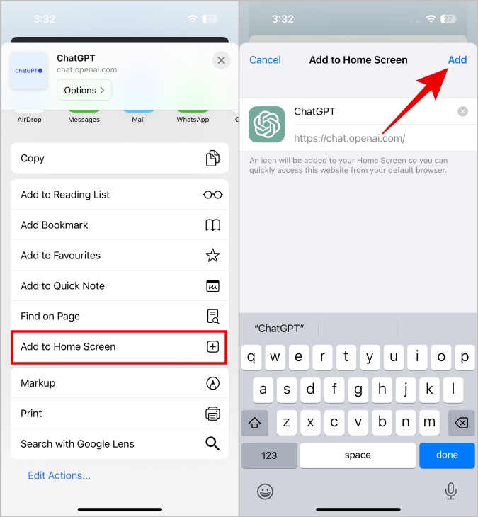 Добавление веб-сайта ChatGPT на домашнюю страницу на iPhone