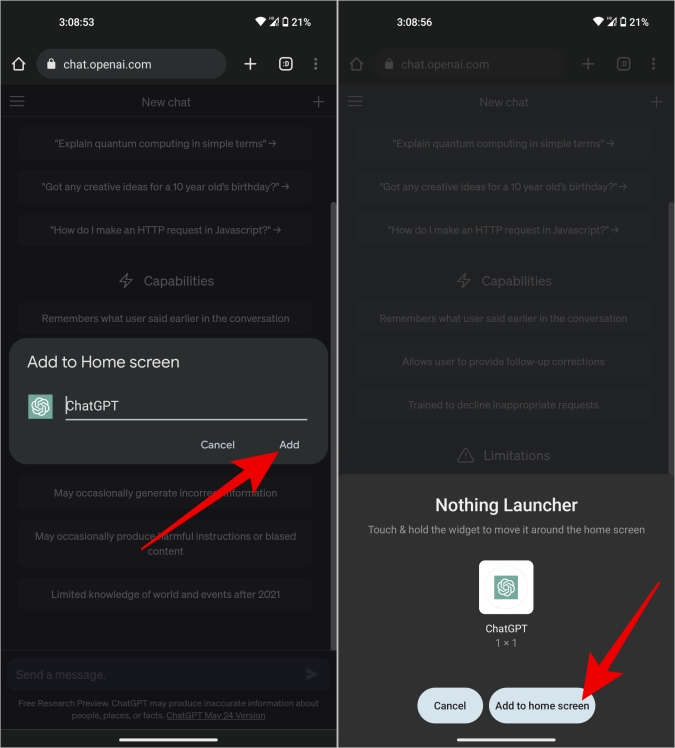 Добавление веб-сайта ChatGPT на домашнюю страницу на Android