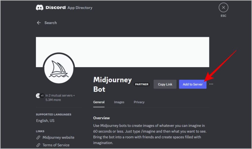 Добавление бота Midjourney на сервер Discord