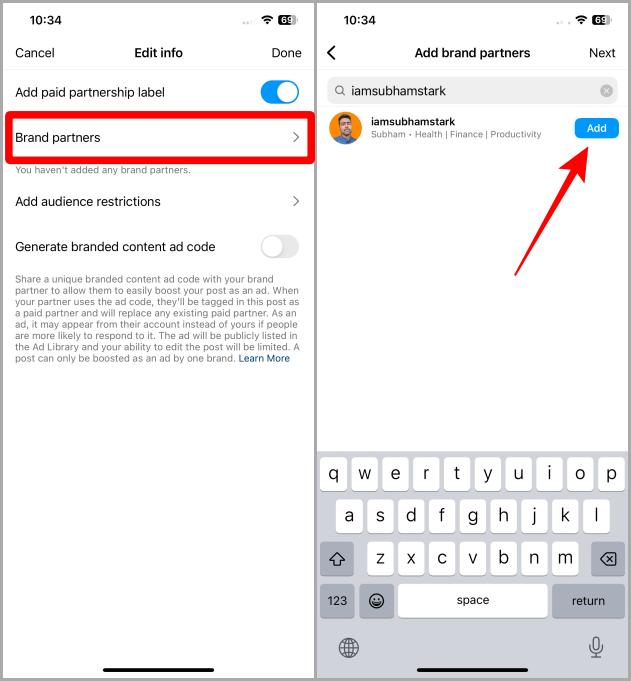Добавление брендов-партнеров в ранее опубликованную историю в Instagram на iOS