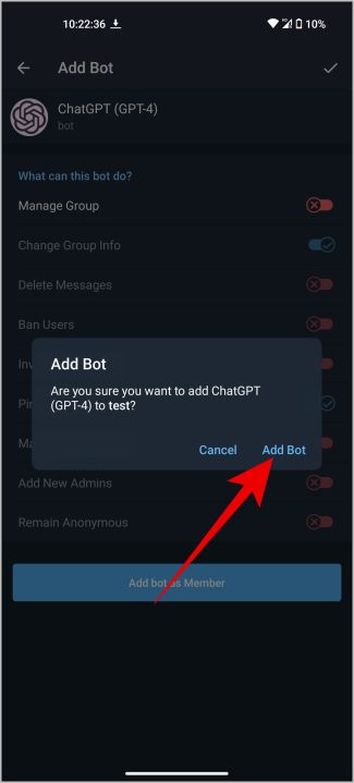подтвердите добавление бота Chatgpt в группу или канал Telegram