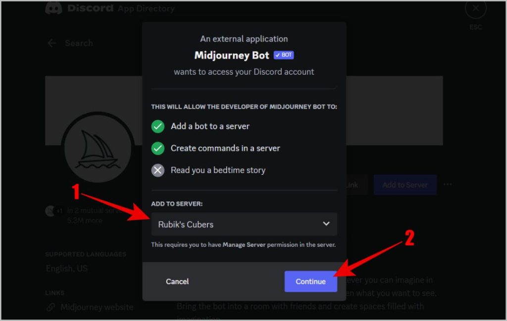 Добавление бота Midjourney на сервер Discord