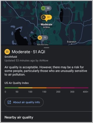 Информация о качестве воздуха в определенной области на Картах Google.