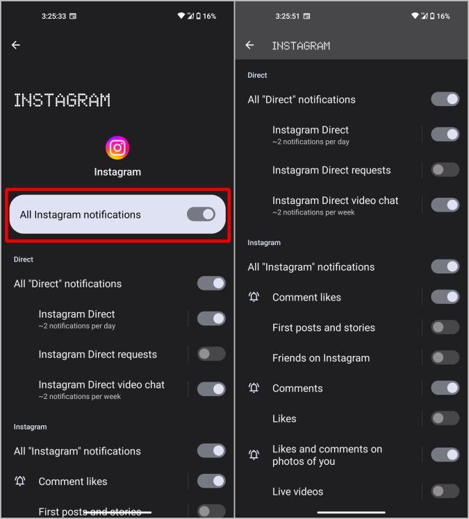 Включение всех уведомлений Instagram на Android