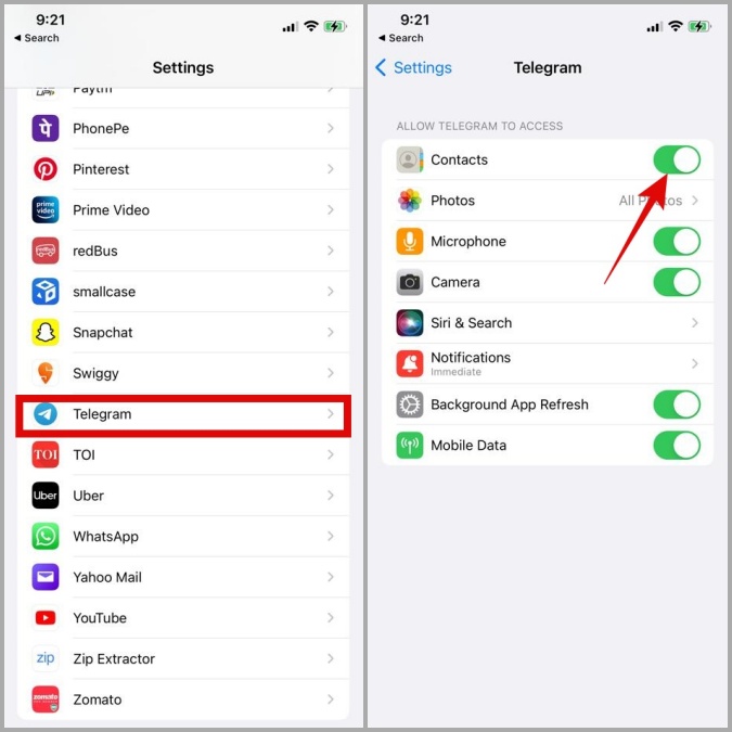 Разрешить доступ к контактам в Telegram для iPhone