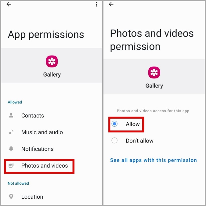 Разрешите приложению «Галерея» доступ к фотографиям и видео на телефоне Samsung