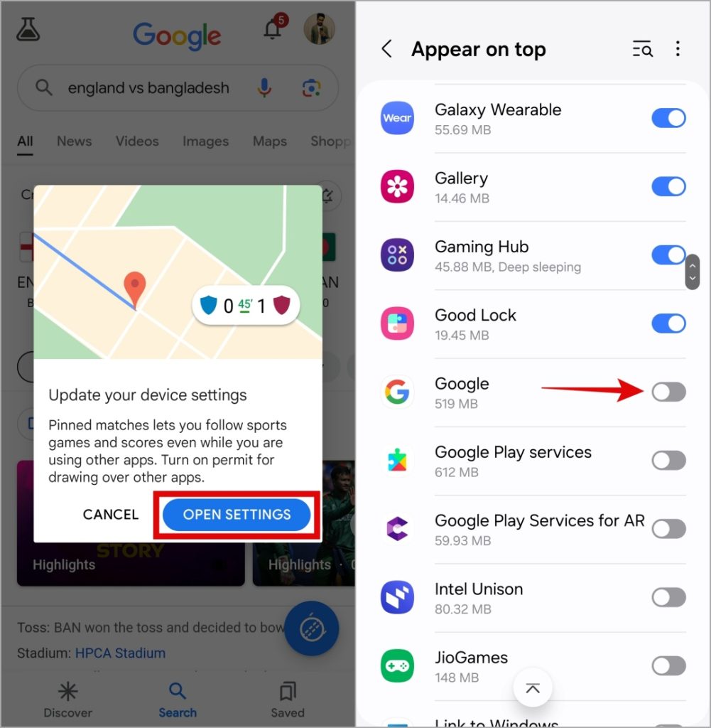 Разрешить приложению Google появляться сверху на Android