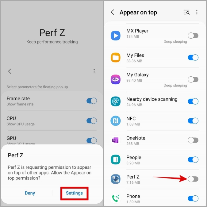 Разрешить Perf Z появляться поверх приложений на телефоне Samsung Galaxy