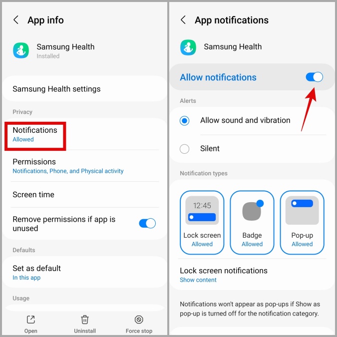 Разрешите разрешения на уведомления приложения Samsung Health на телефоне Galaxy