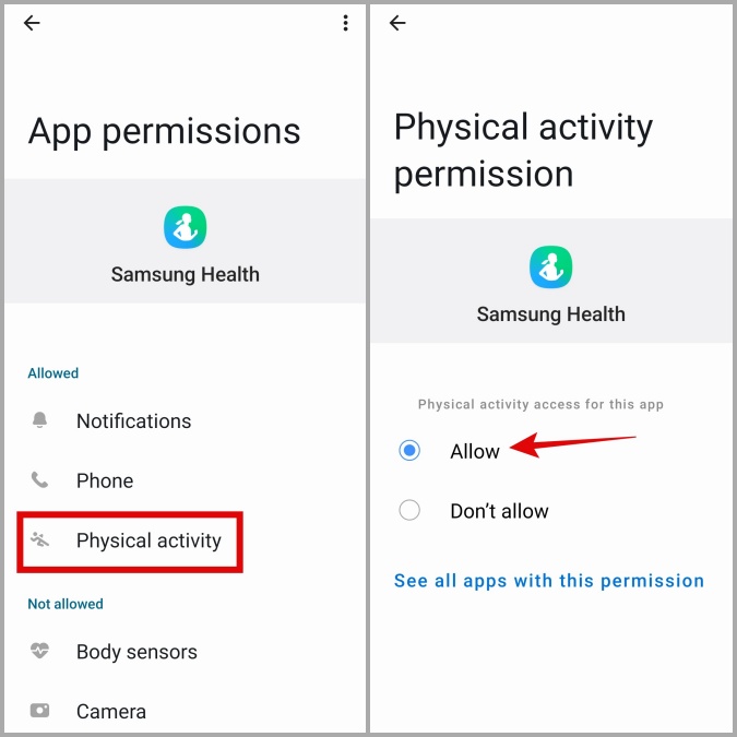 Разрешите приложению Samsung Health отслеживать физическую активность на телефоне Galaxy