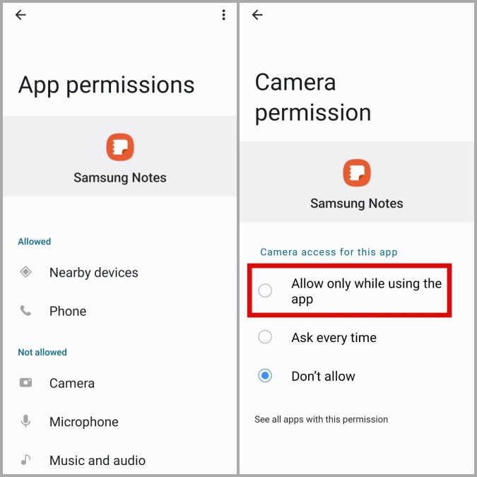 Разрешите разрешения приложению Samsung Notes на телефоне Galaxy