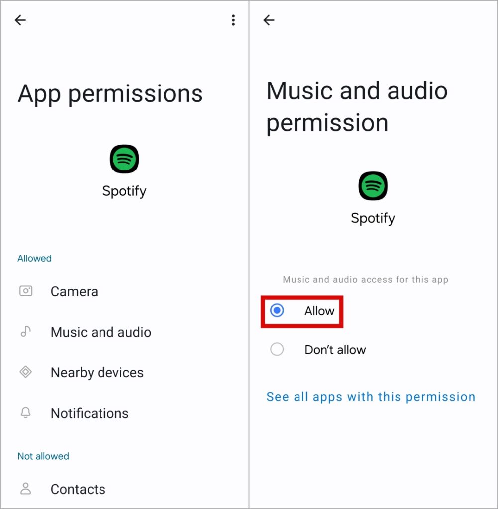 Разрешить разрешения приложения Spotify на Android