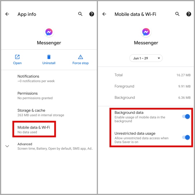 Разрешить неограниченное использование данных Facebook Messenger на Android