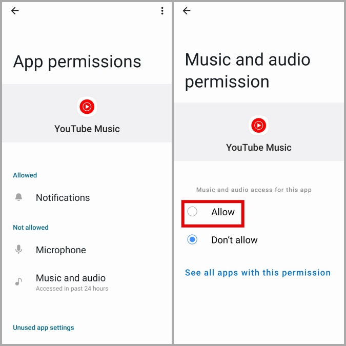 Разрешите разрешения приложению YouTube Music на Android