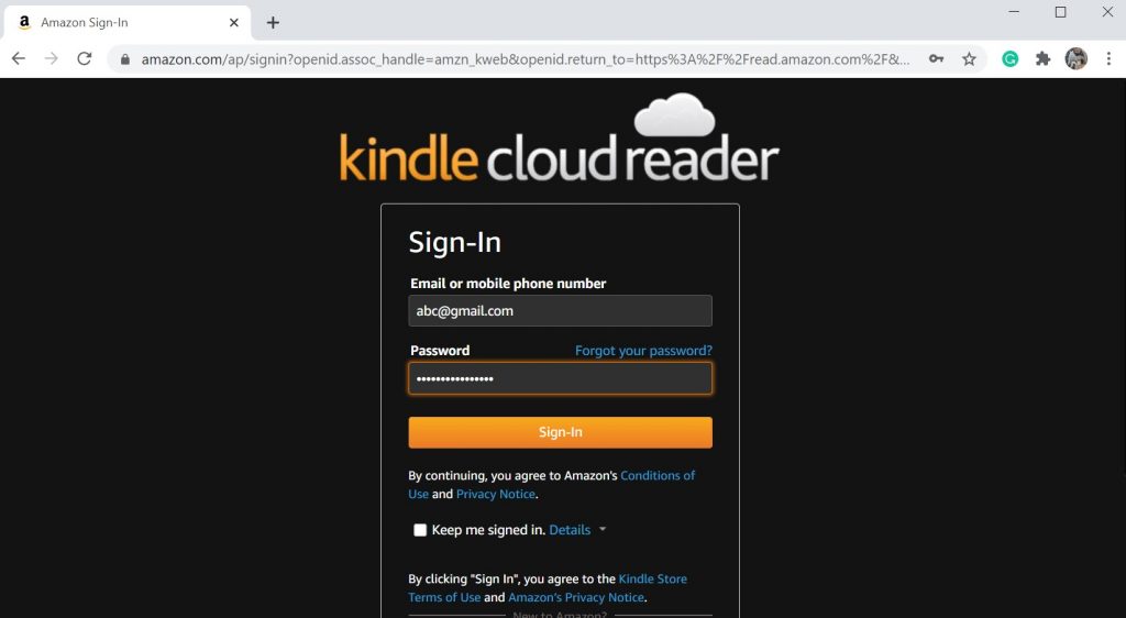 Вариант входа в Kindle Cloud Reader