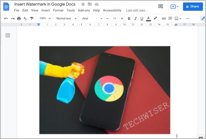 Применение водяного знака поверх изображения в Документах Google