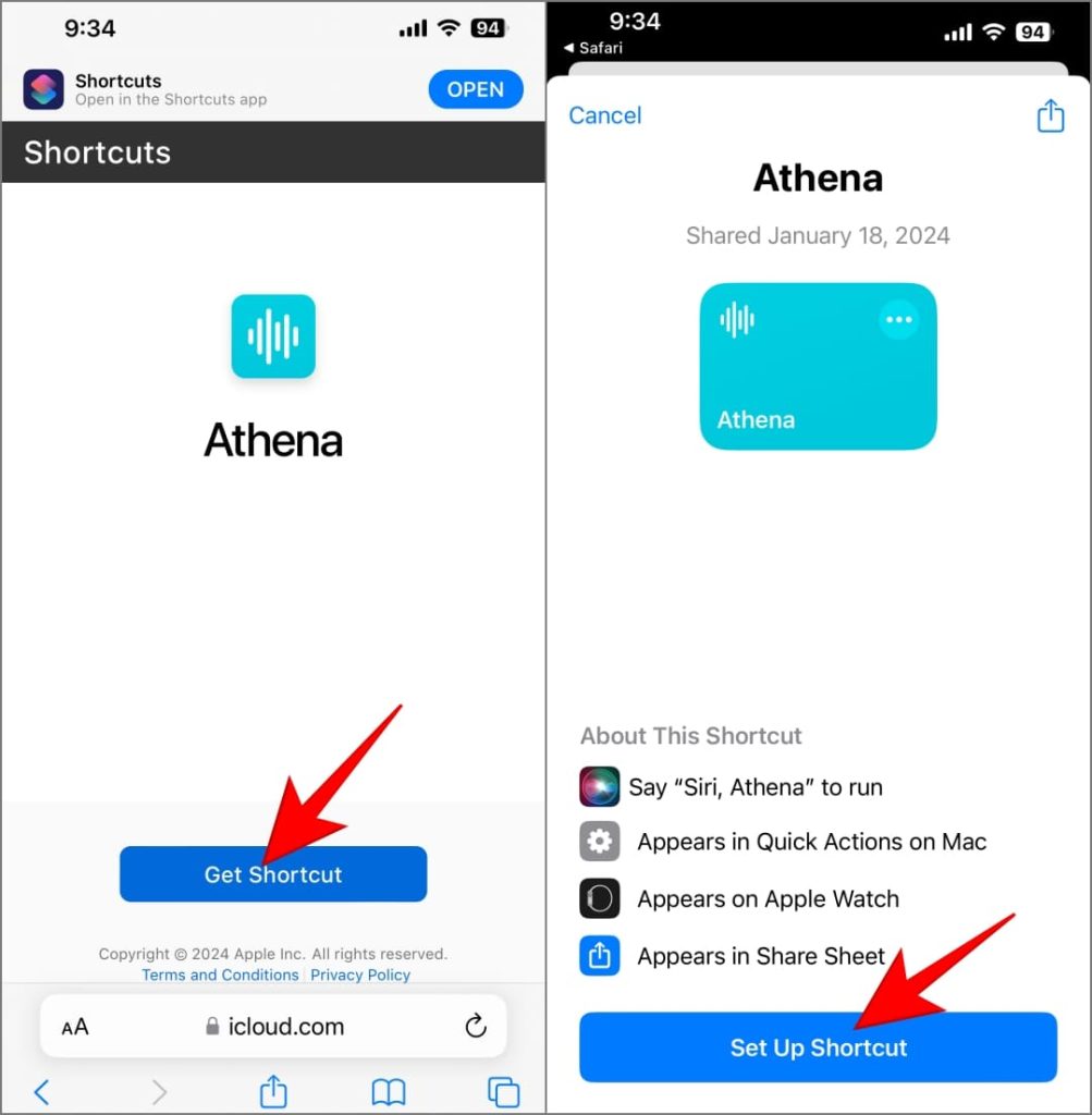 Добавление ярлыка Athena на iPhone