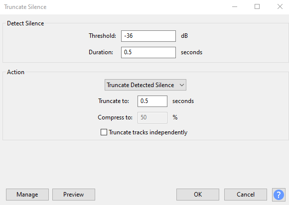 Диалоговое окно «Усечение тишины» в Audacity