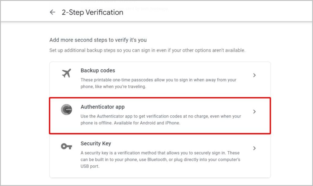 Выбор опции приложения Authenticator в учетной записи Google