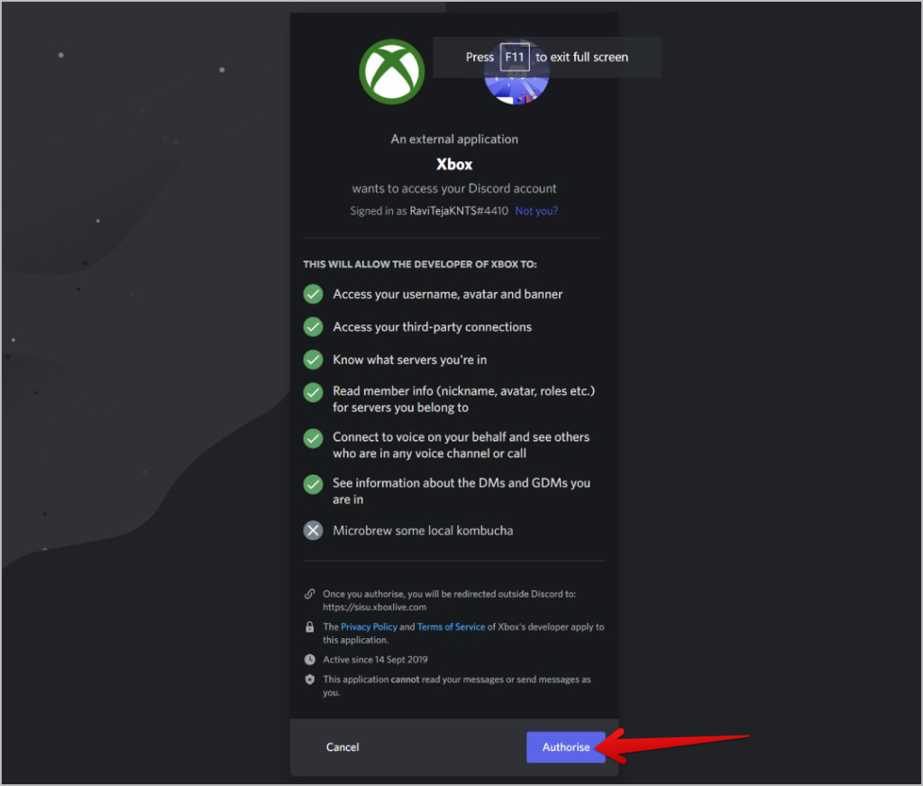 Авторизация подключения Xbox и Discord