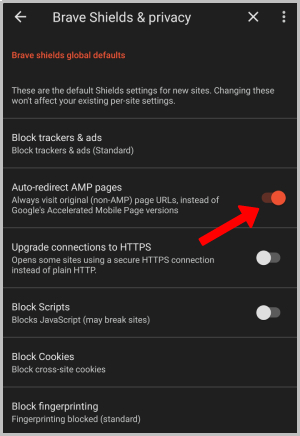 Включение автоматического перенаправления AMP-страниц в браузере Brave