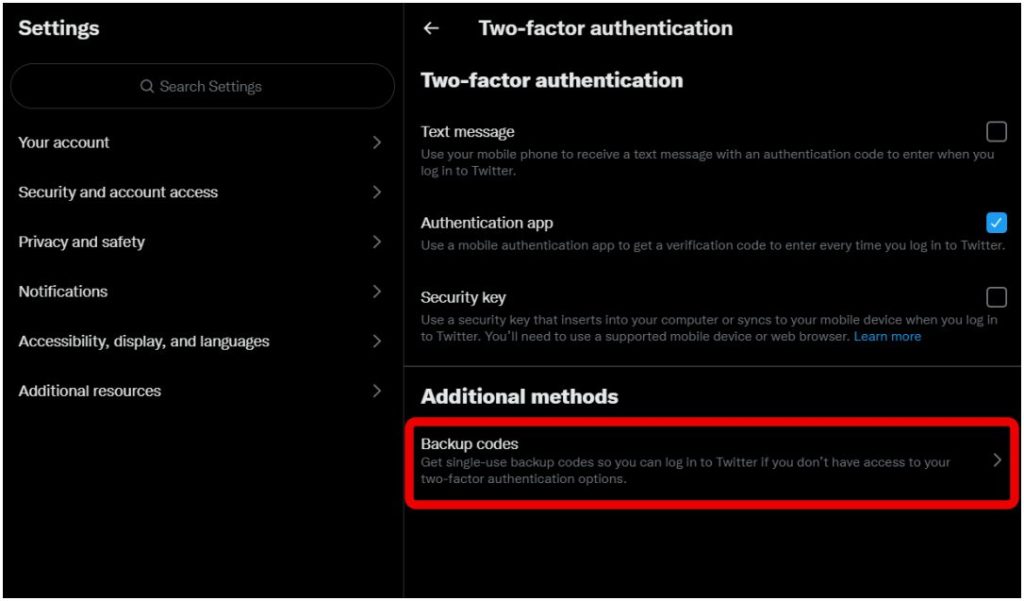 Опция резервных кодов в Твиттере