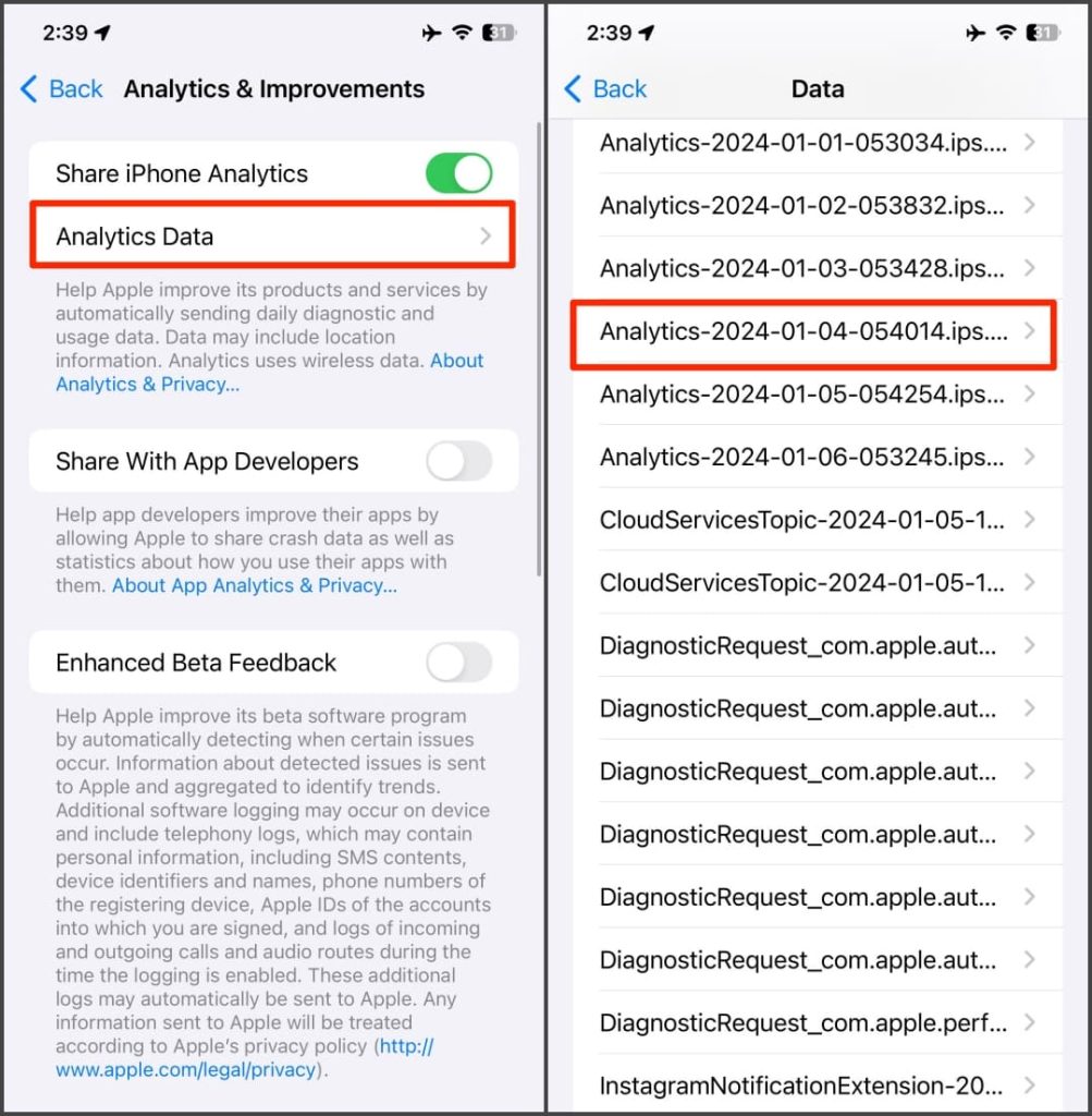 Отчеты журнала данных аналитики на iOS 17