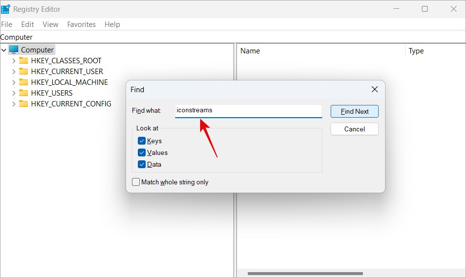 поиск потоков значков в редакторе реестра в Windows 11