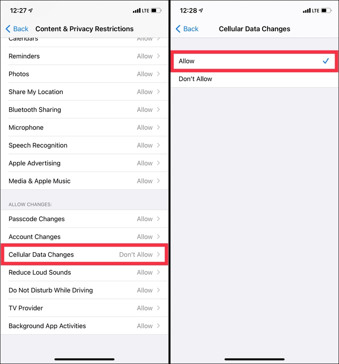 Разрешите изменение сотовых данных на iPhone, чтобы исправить проблемы с LTE