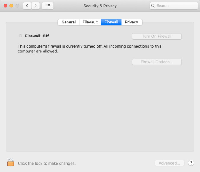 Брандмауэр в разделе «Безопасность и конфиденциальность» в «Системных настройках» на Mac