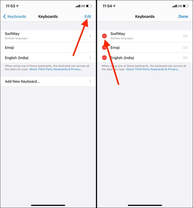Нажмите «Изменить» и красную кнопку «минус», чтобы удалить стороннюю клавиатуру на iPhone.