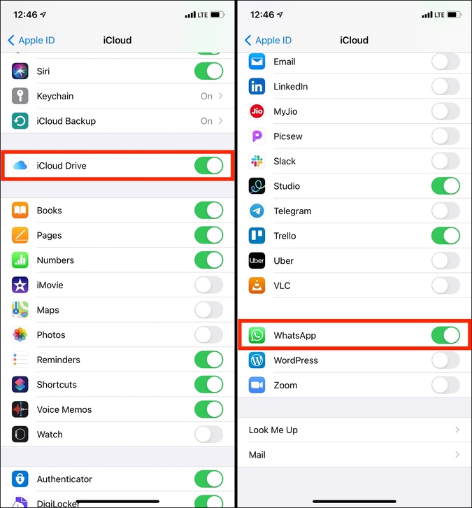 Убедитесь, что iCloud Drive и WhatsApp включены.