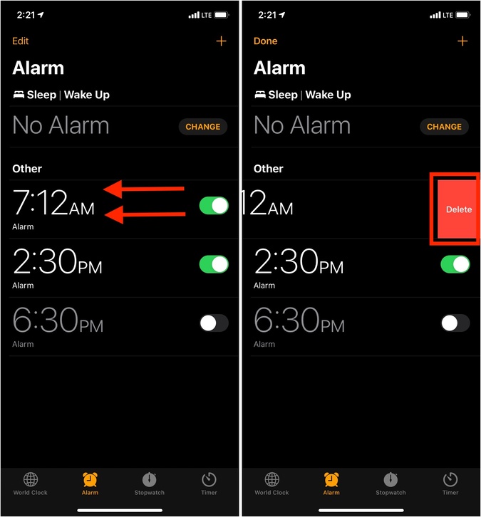 Удалите существующий будильник в приложении «Часы» на iPhone.