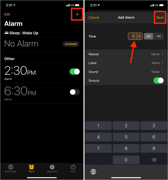 Нажмите значок плюса, чтобы добавить новый будильник и установить правильное время на iPhone.