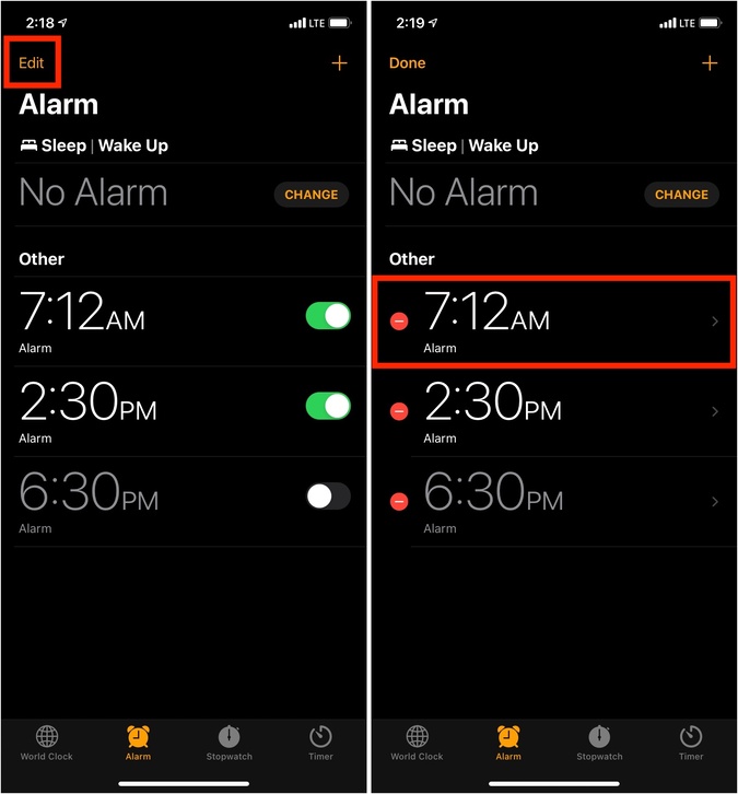 Нажмите «Изменить» и включите будильник в приложении «Часы» на iPhone.