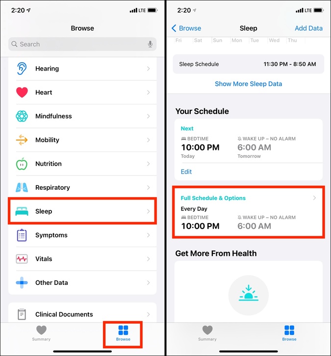 В приложении «Здоровье» на iPhone нажмите «Просмотр сна» и «Полное расписание и параметры».